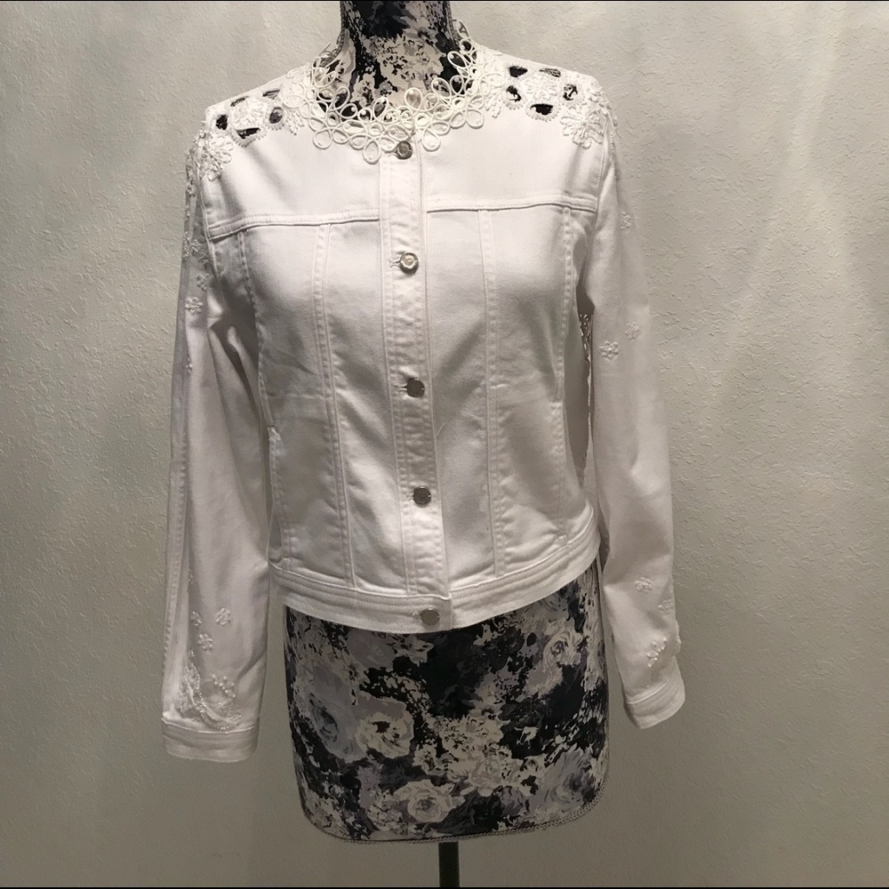 Ellie Tahari White Jean Jacket with appliqués